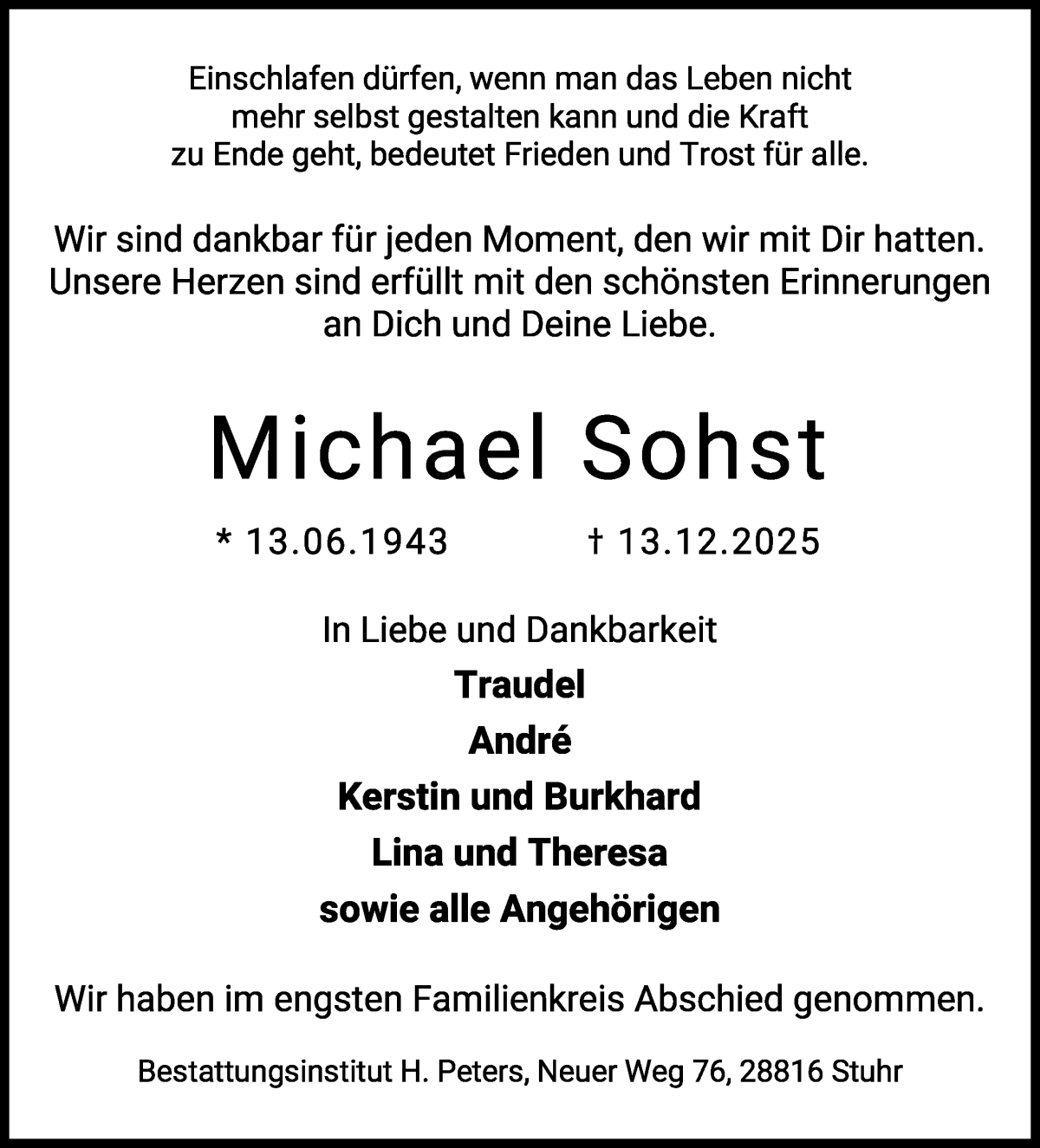 Traueranzeige von Michael Sohst von Regionale Rundschau/Syker Kurier