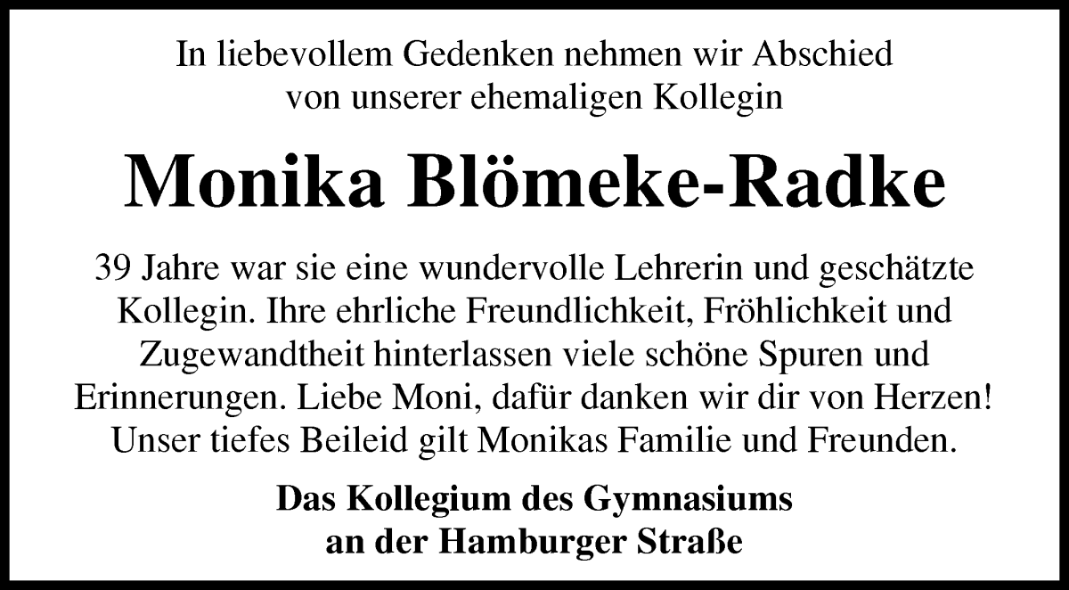 Traueranzeige von Monika Blömeke-Radke von WESER-KURIER