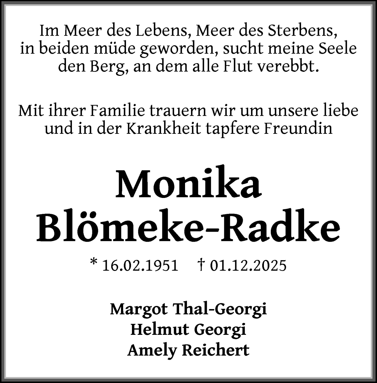Traueranzeige von Monika Blömeke-Radke von WESER-KURIER