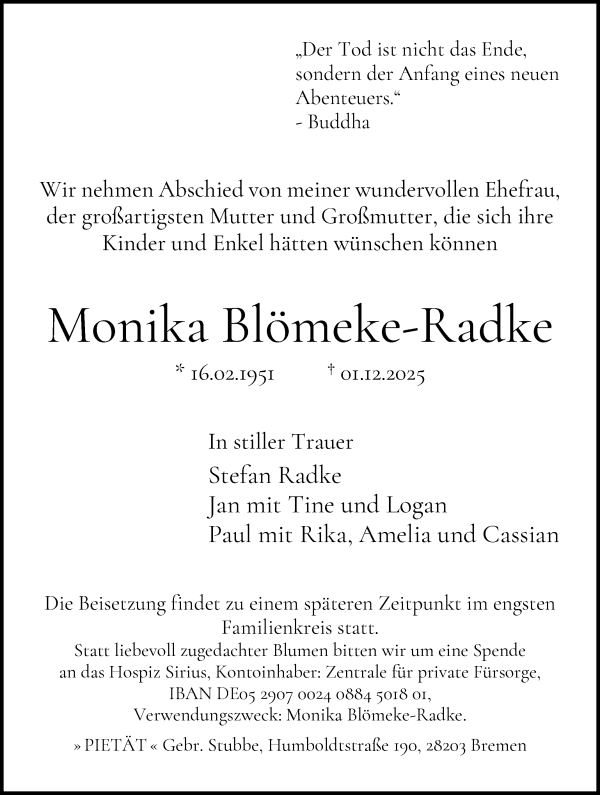 Traueranzeige von Monika Blömeke von WESER-KURIER