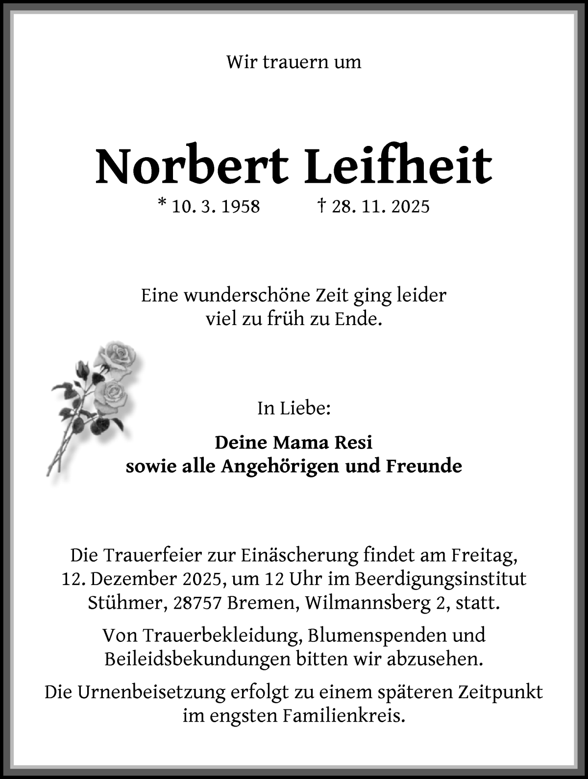 Traueranzeige von Norbert Leifheit von WESER-KURIER