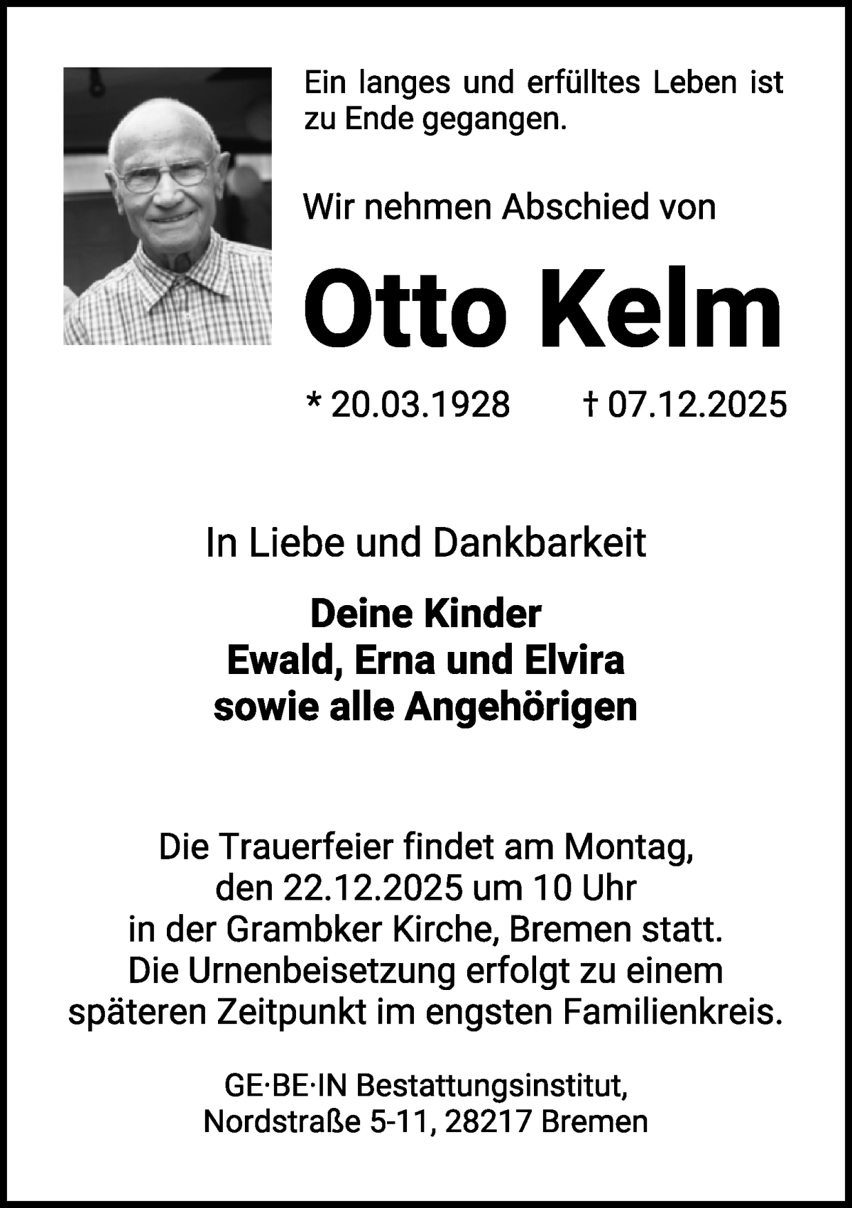 Traueranzeige von Otto Kelm von WESER-KURIER
