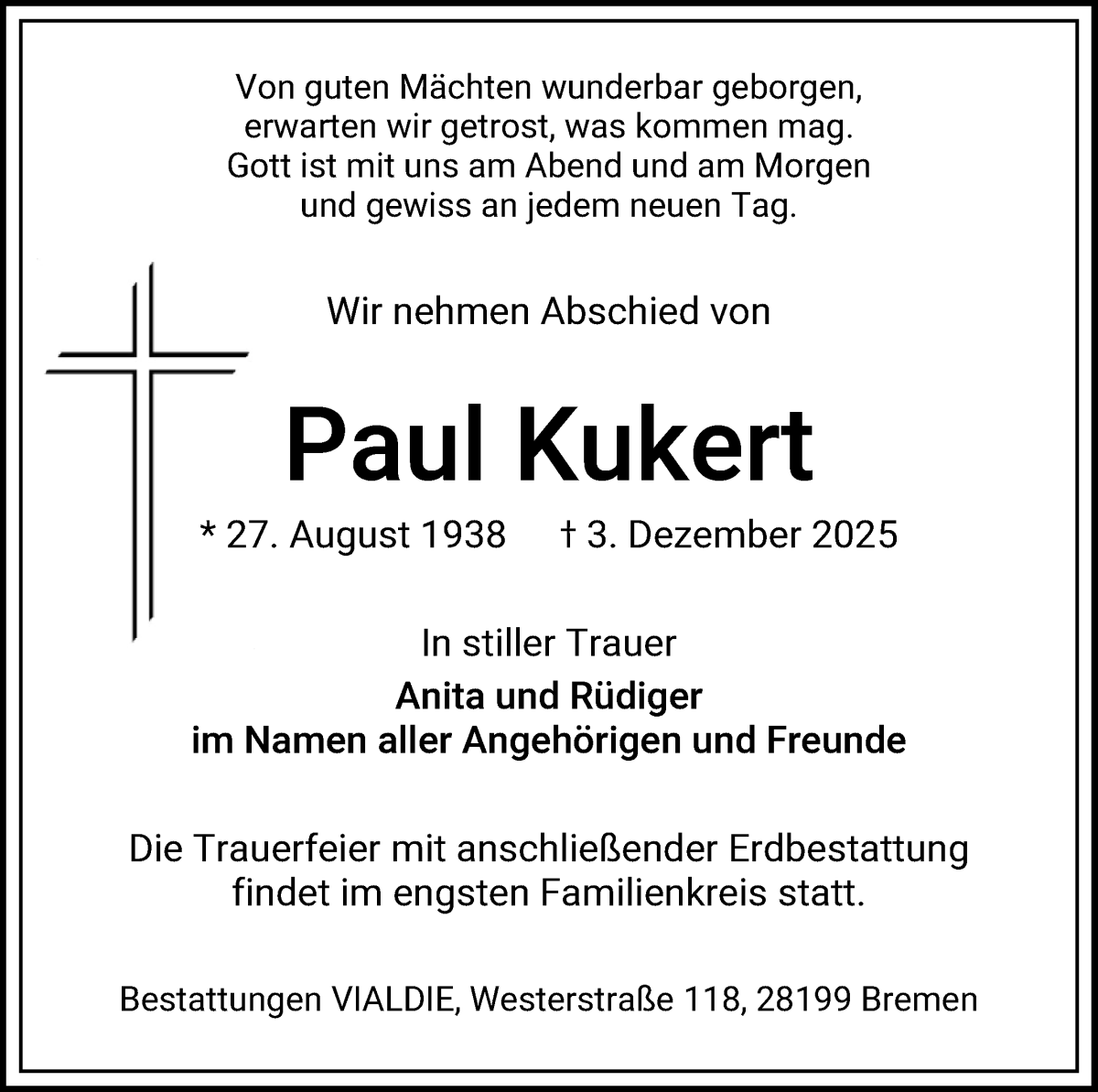Traueranzeige von Paul Kukert von WESER-KURIER