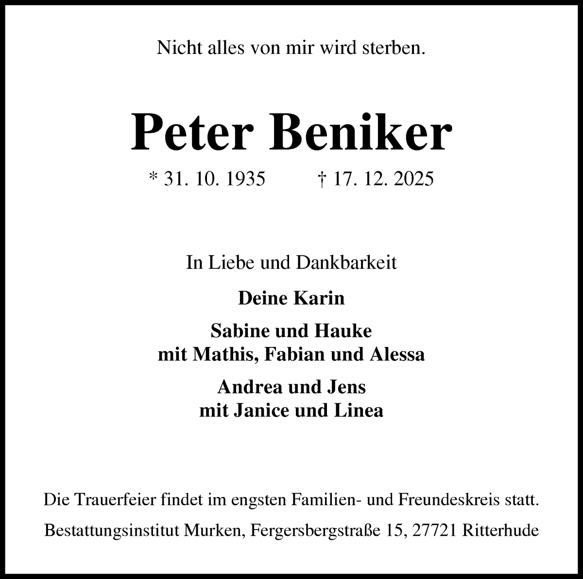 Traueranzeige von Peter Beniker von Osterholzer Kreisblatt
