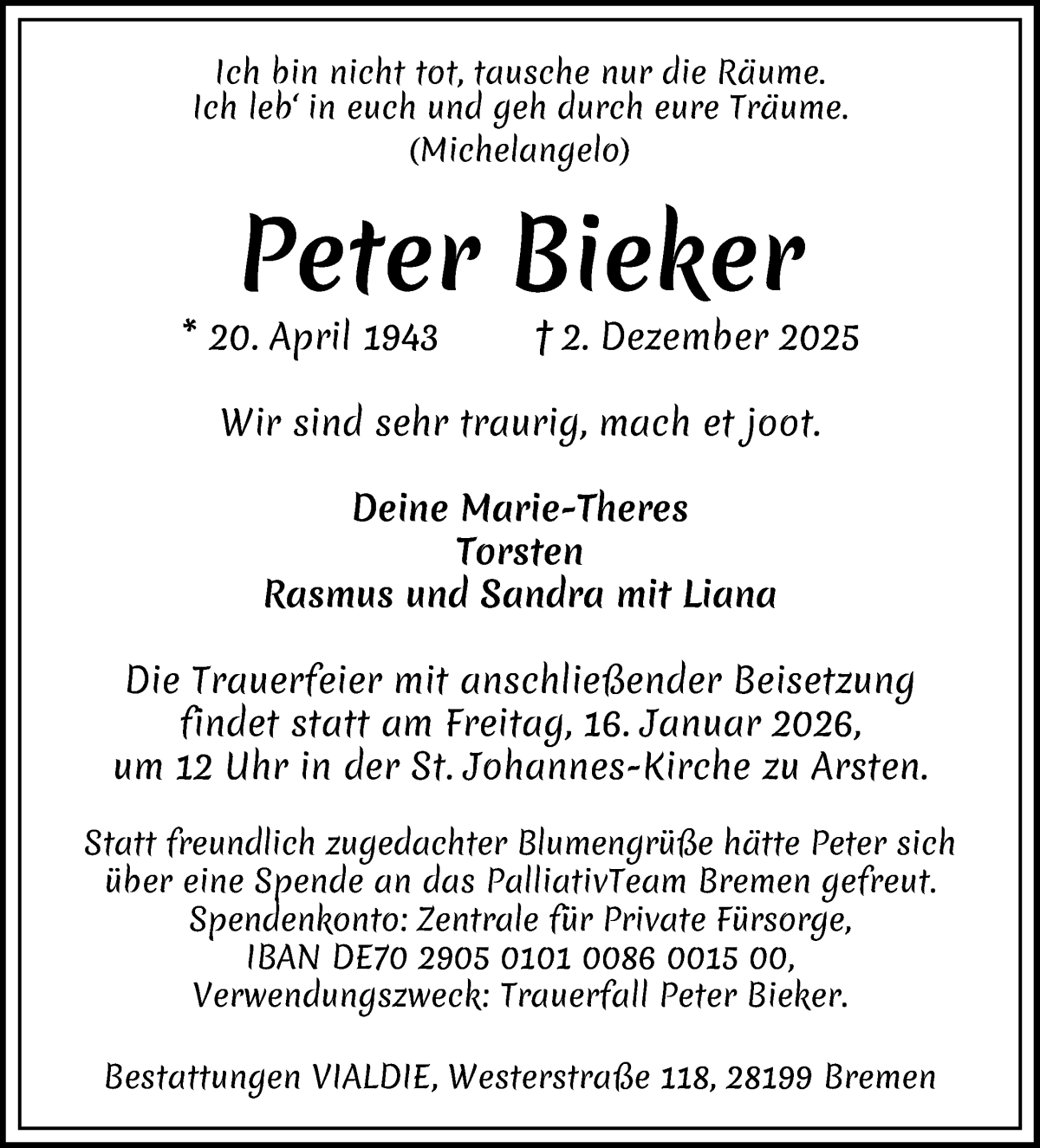 Traueranzeige von Peter Bieker von WESER-KURIER