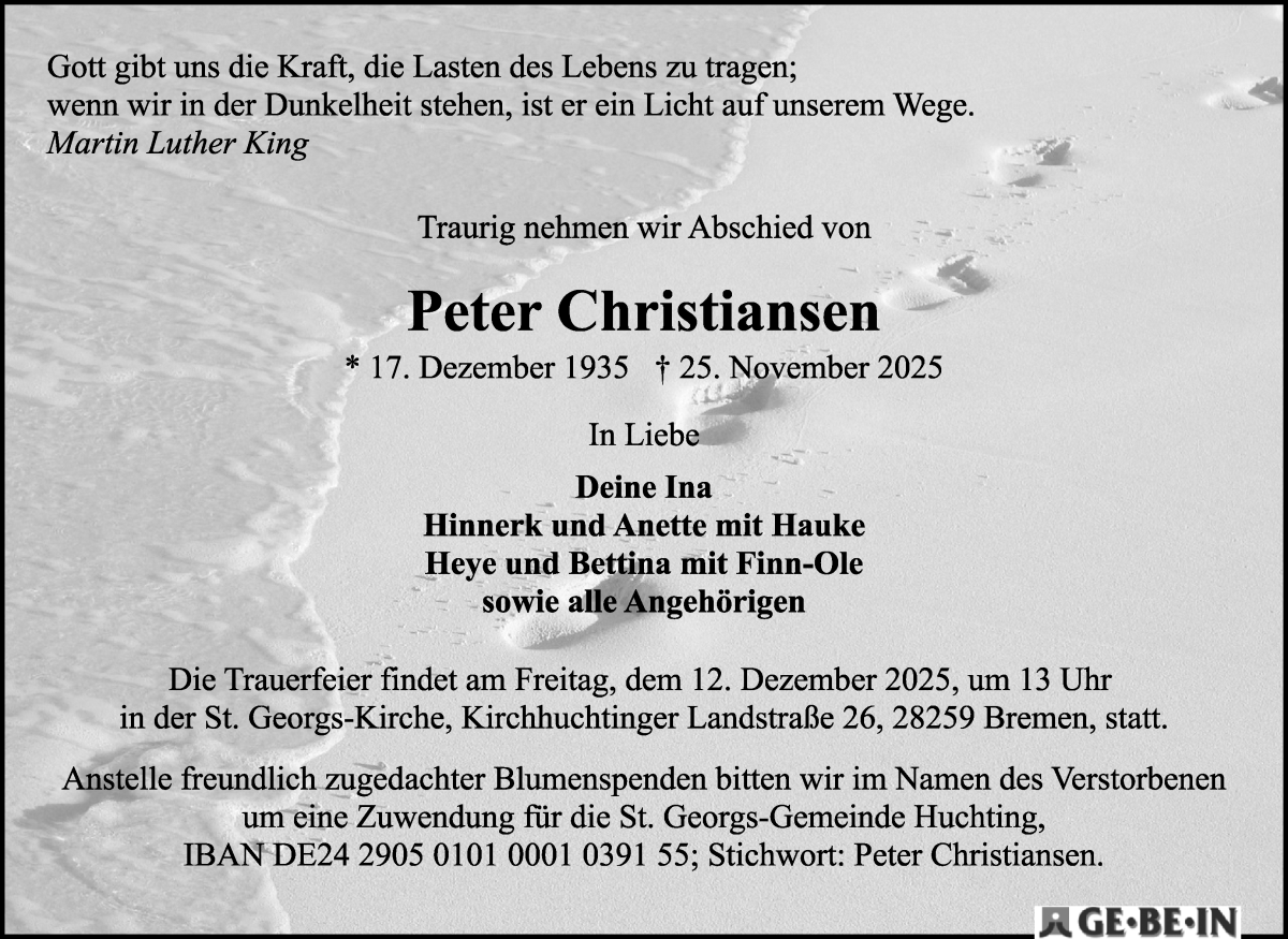  Traueranzeige für Peter Christiansen vom 06.12.2025 aus WESER-KURIER