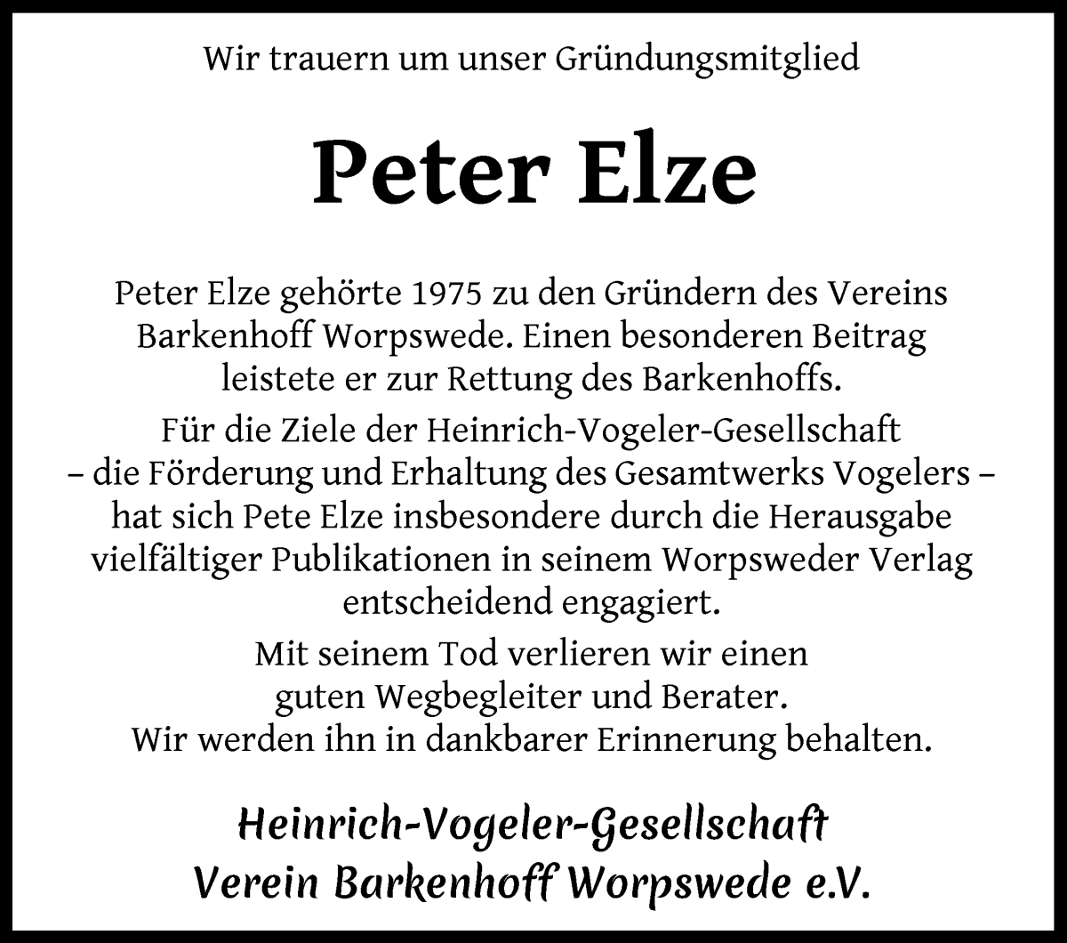 Traueranzeige von Peter Elze von Wuemme Zeitung
