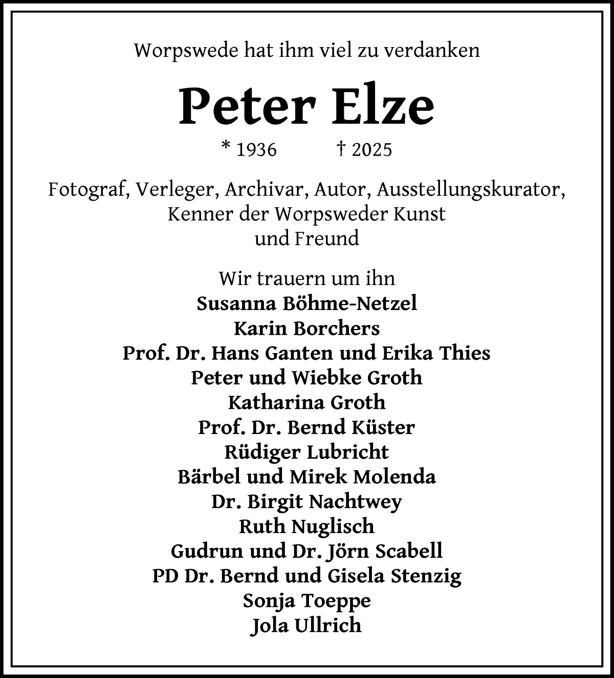 Traueranzeige von Peter Elze von Wuemme Zeitung