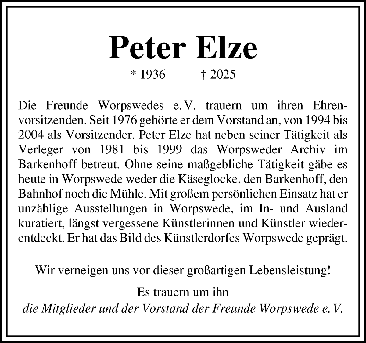 Traueranzeige von Peter Elze von Wuemme Zeitung