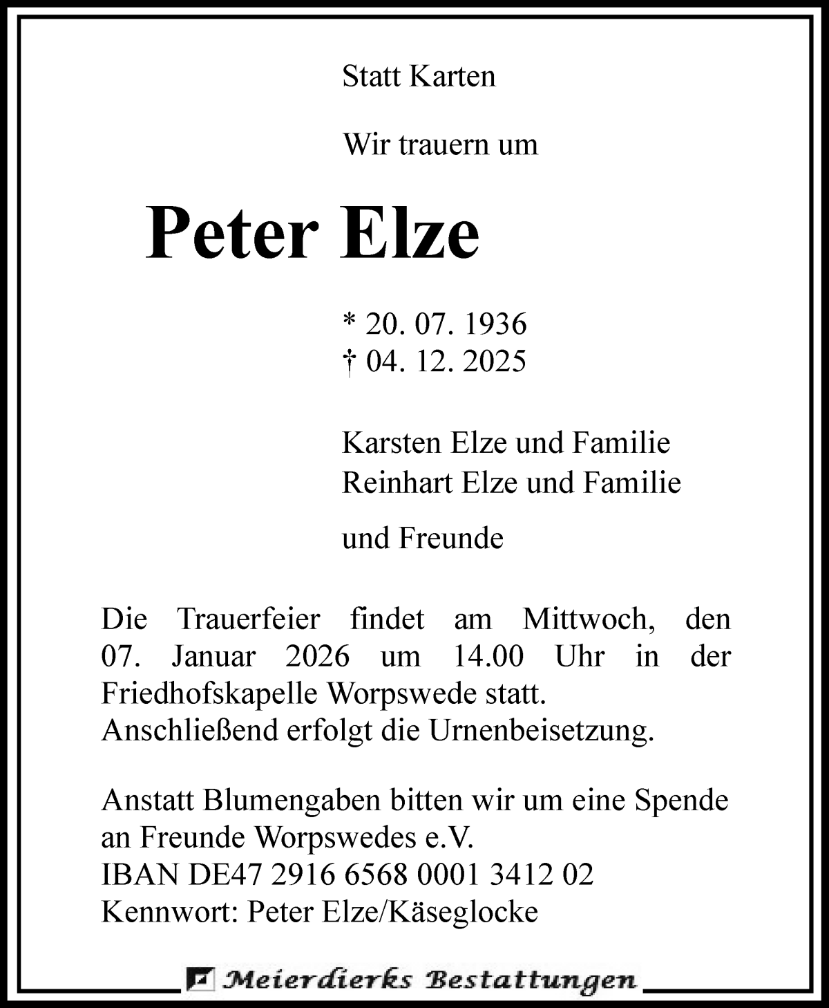 Traueranzeige von Peter Elze von Wuemme Zeitung