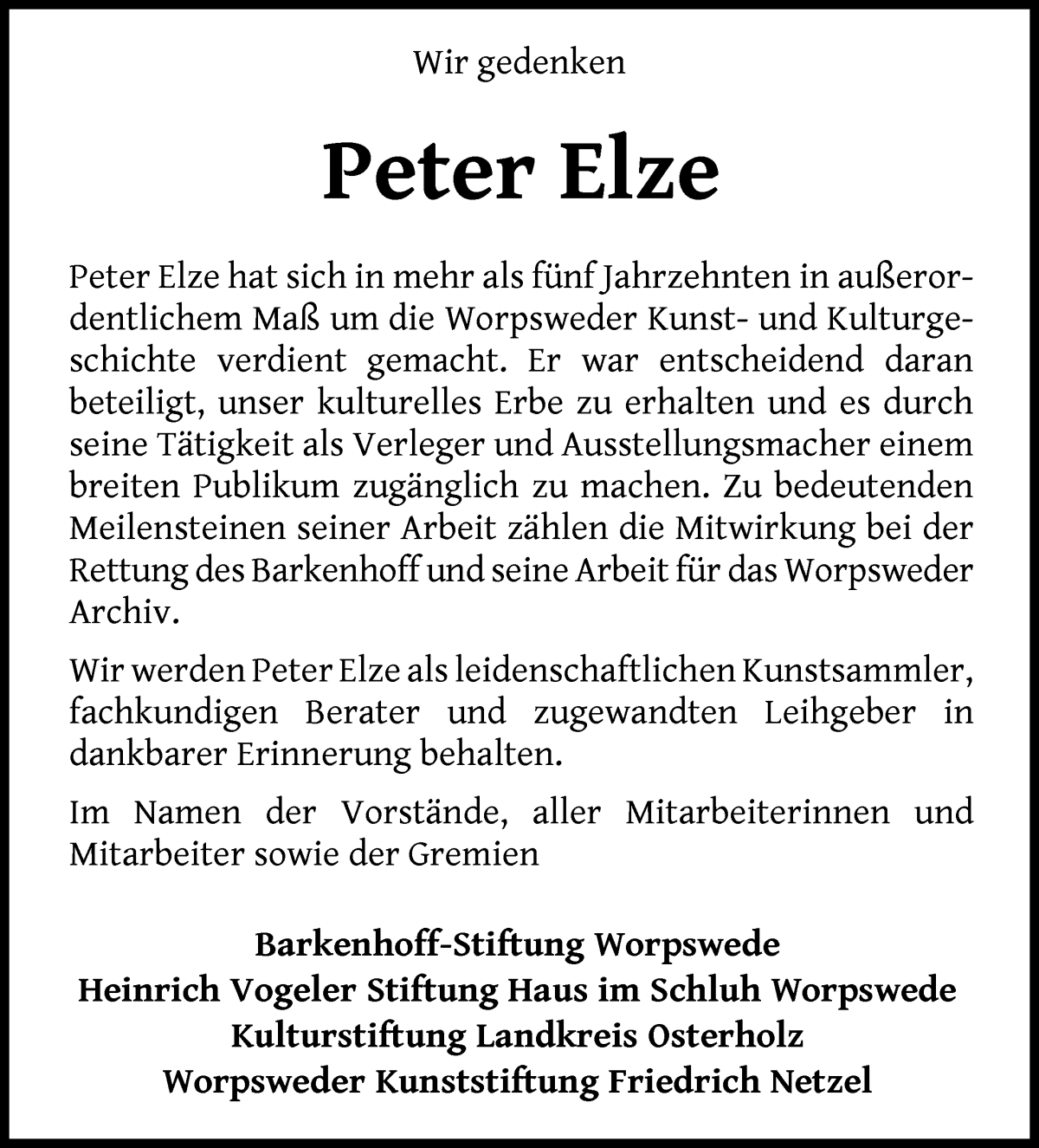 Traueranzeige von Peter Elze von Wuemme Zeitung