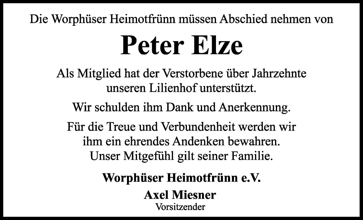 Traueranzeige von Peter Elze von Wuemme Zeitung