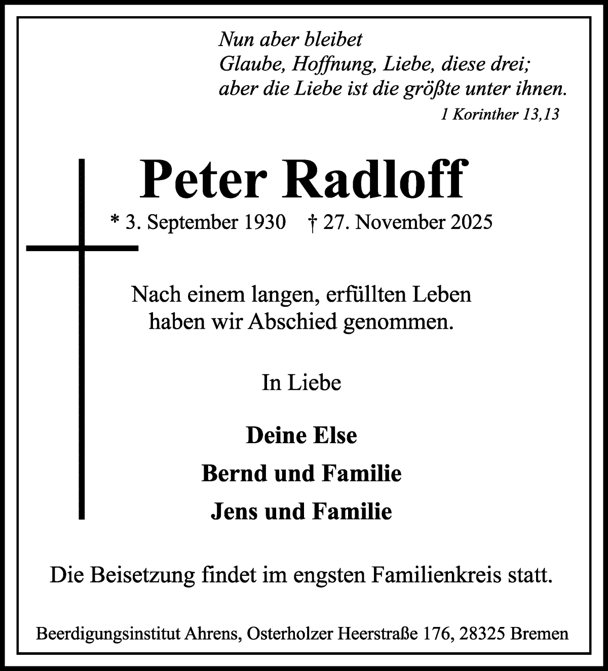 Traueranzeige von Peter Radloff von WESER-KURIER
