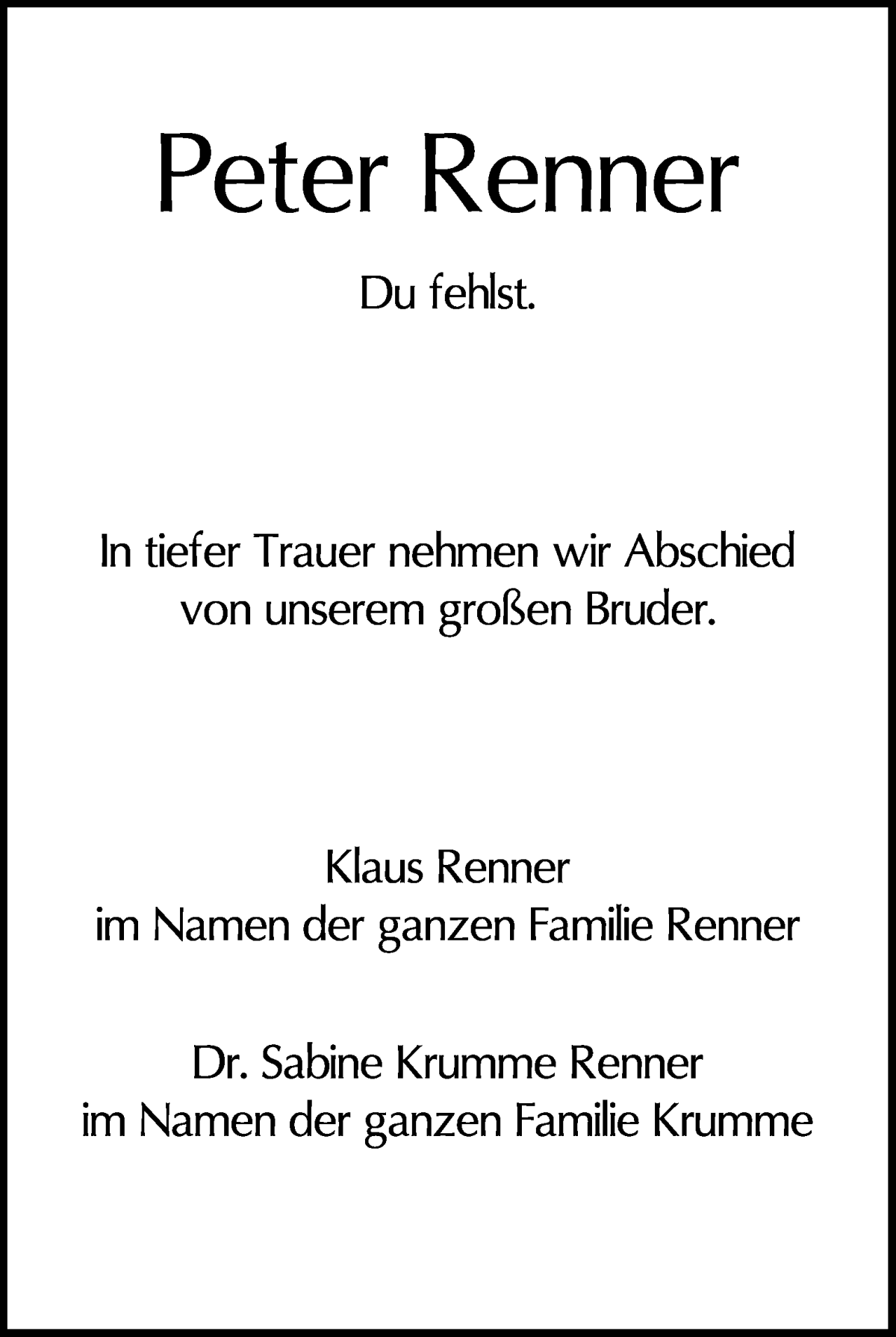  Traueranzeige für Peter Renner vom 27.12.2025 aus WESER-KURIER
