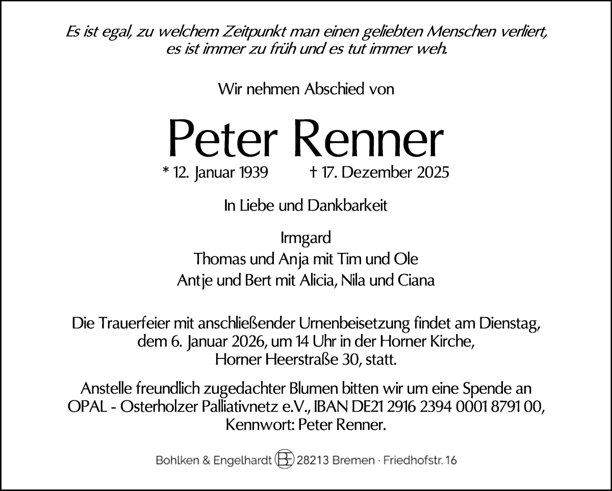  Traueranzeige für Peter Renner vom 27.12.2025 aus WESER-KURIER