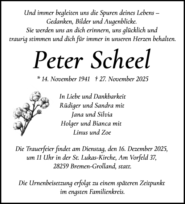 Traueranzeige von Peter Scheel von WESER-KURIER