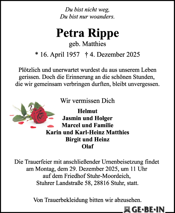 Traueranzeige von Petra Rippe von WESER-KURIER