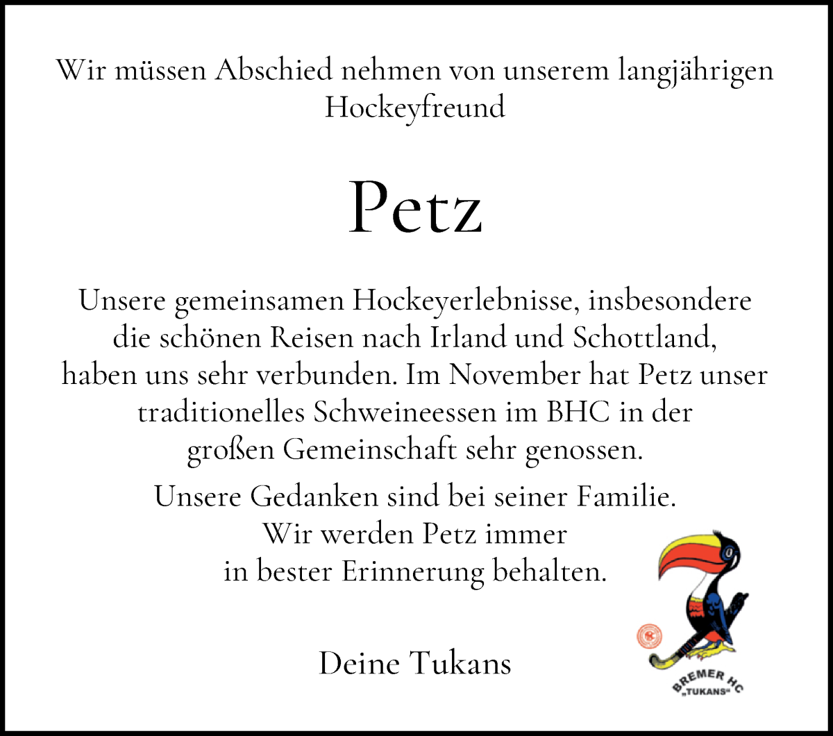 Traueranzeige von Petz Petzoldt von WESER-KURIER