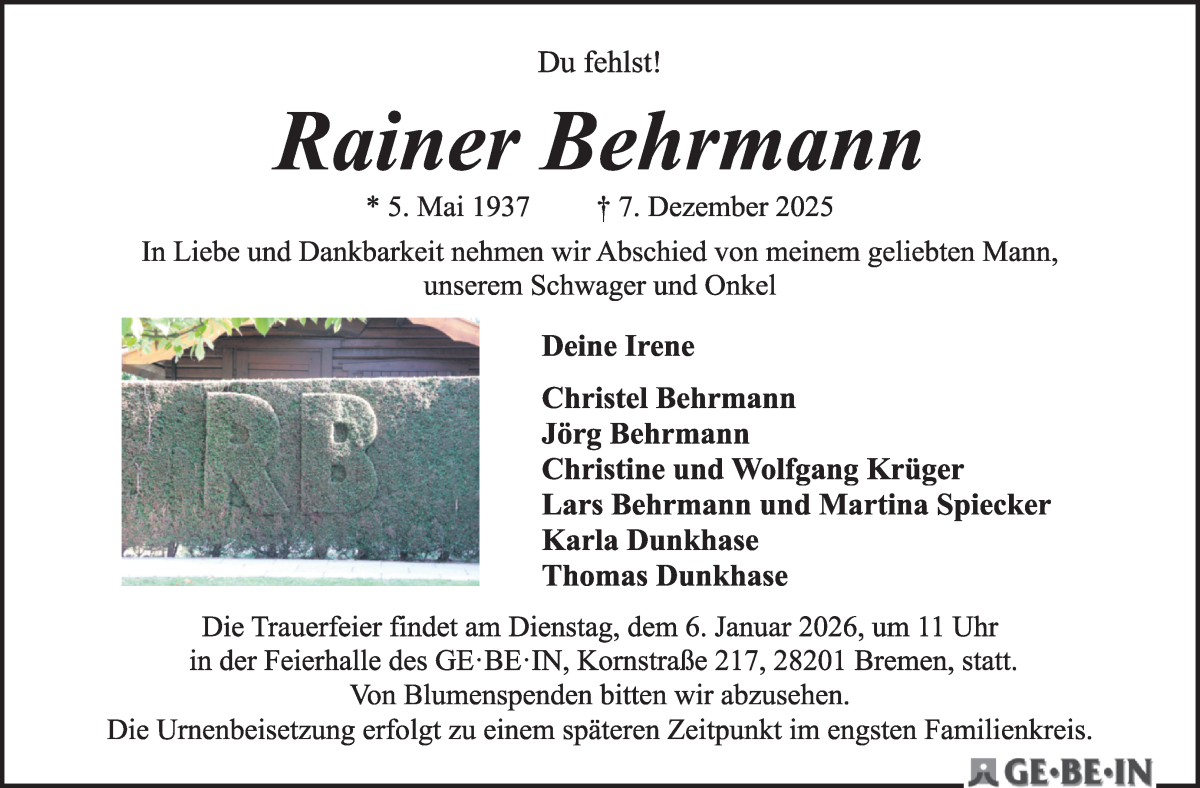  Traueranzeige für Rainer Behrmann vom 20.12.2025 aus WESER-KURIER