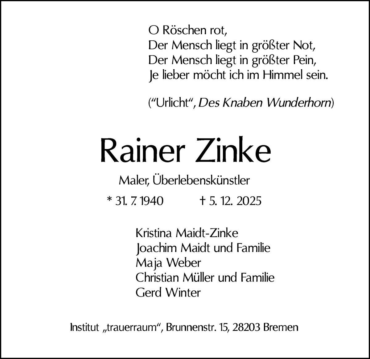 Traueranzeige von Rainer Zinke von WESER-KURIER