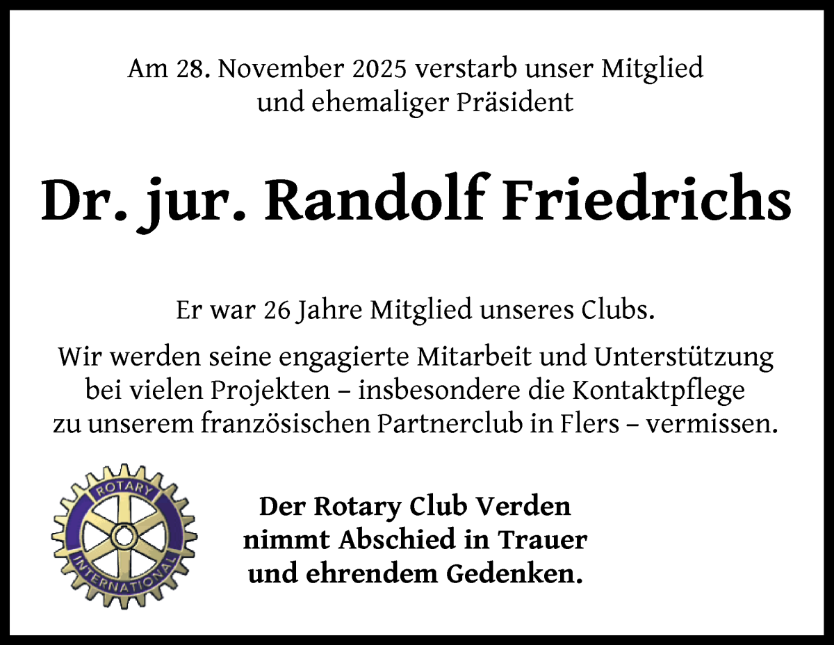  Traueranzeige für Randolf Friedrichs vom 03.12.2025 aus Achimer Kurier/Verdener Nachrichten