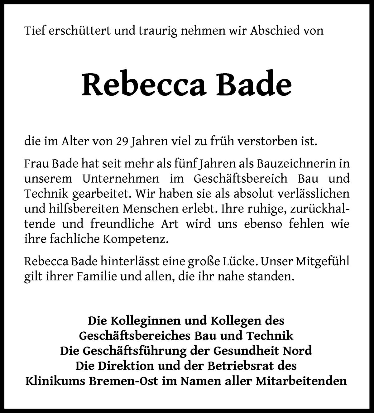 Traueranzeige von Rebecca Bade von WESER-KURIER