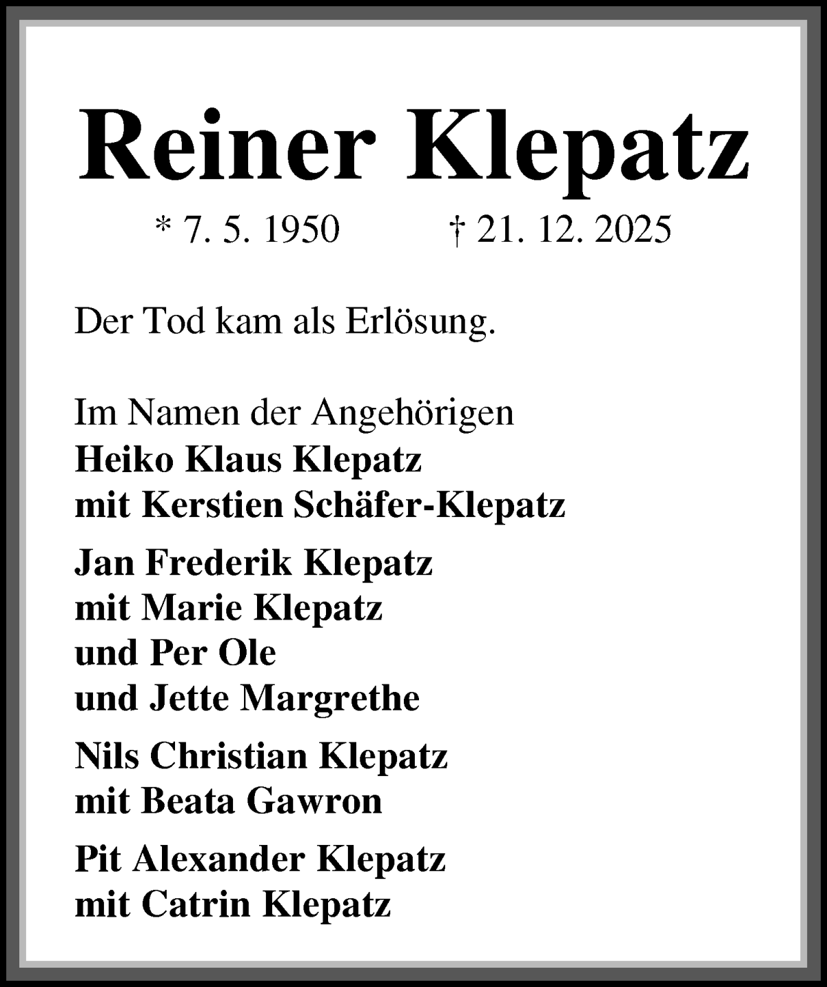 Traueranzeige von Reiner Klepatz von Die Norddeutsche