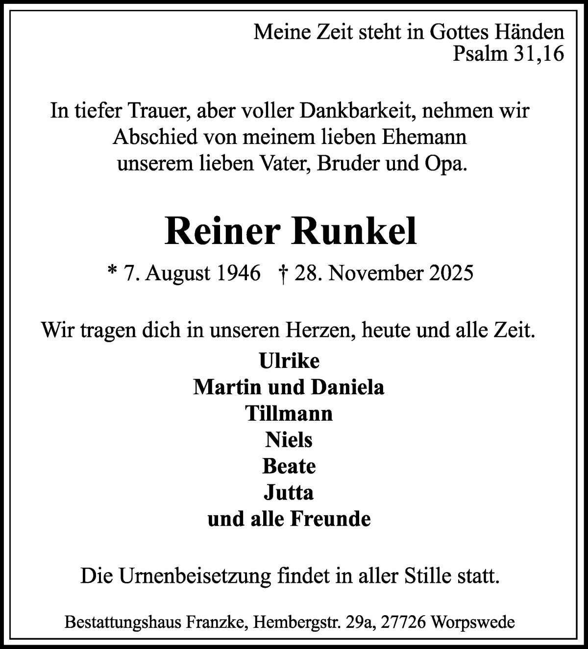 Traueranzeige von Reiner Runkel von Wuemme Zeitung