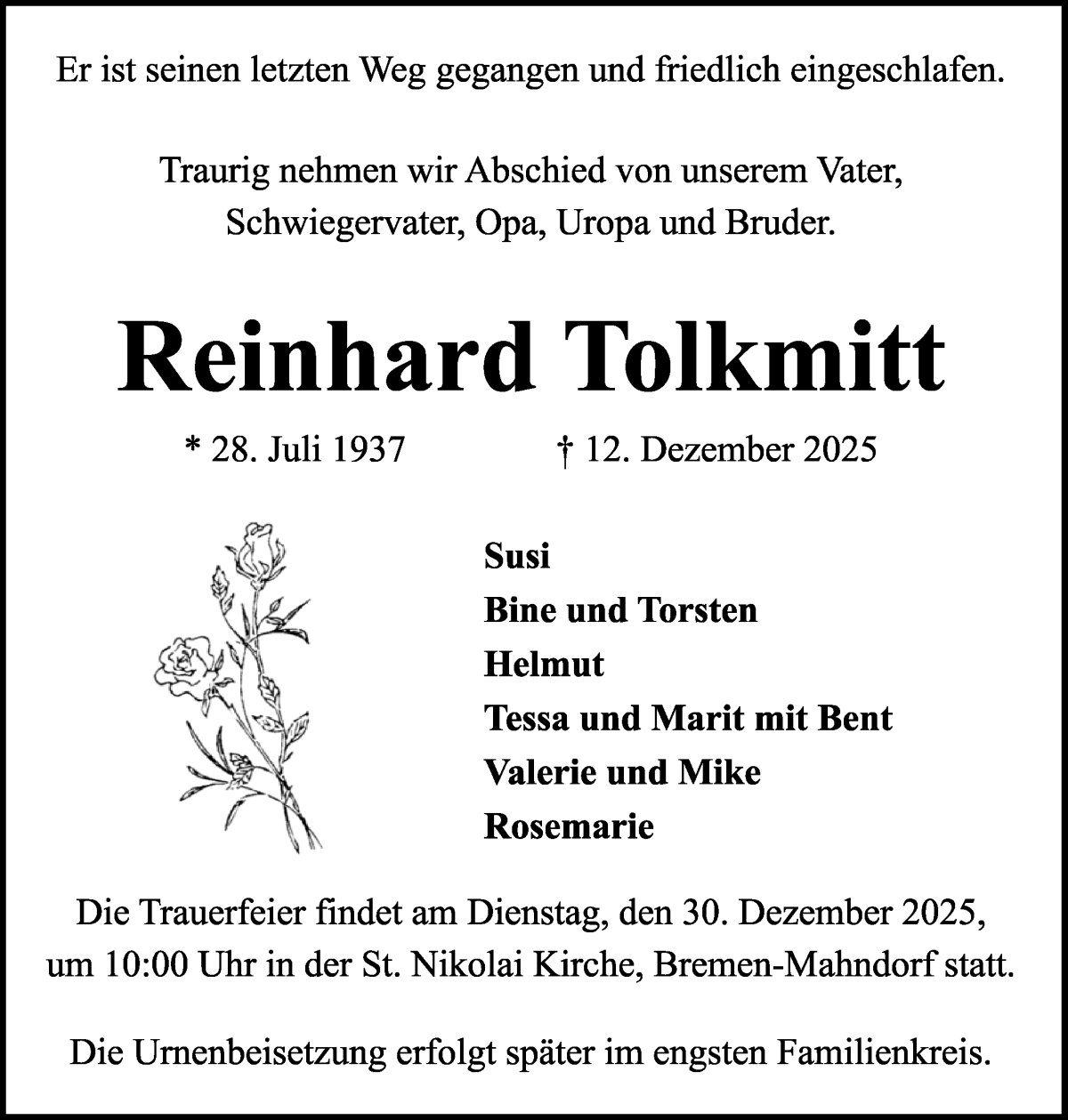 Traueranzeige von Reinhard Tolkmitt von WESER-KURIER