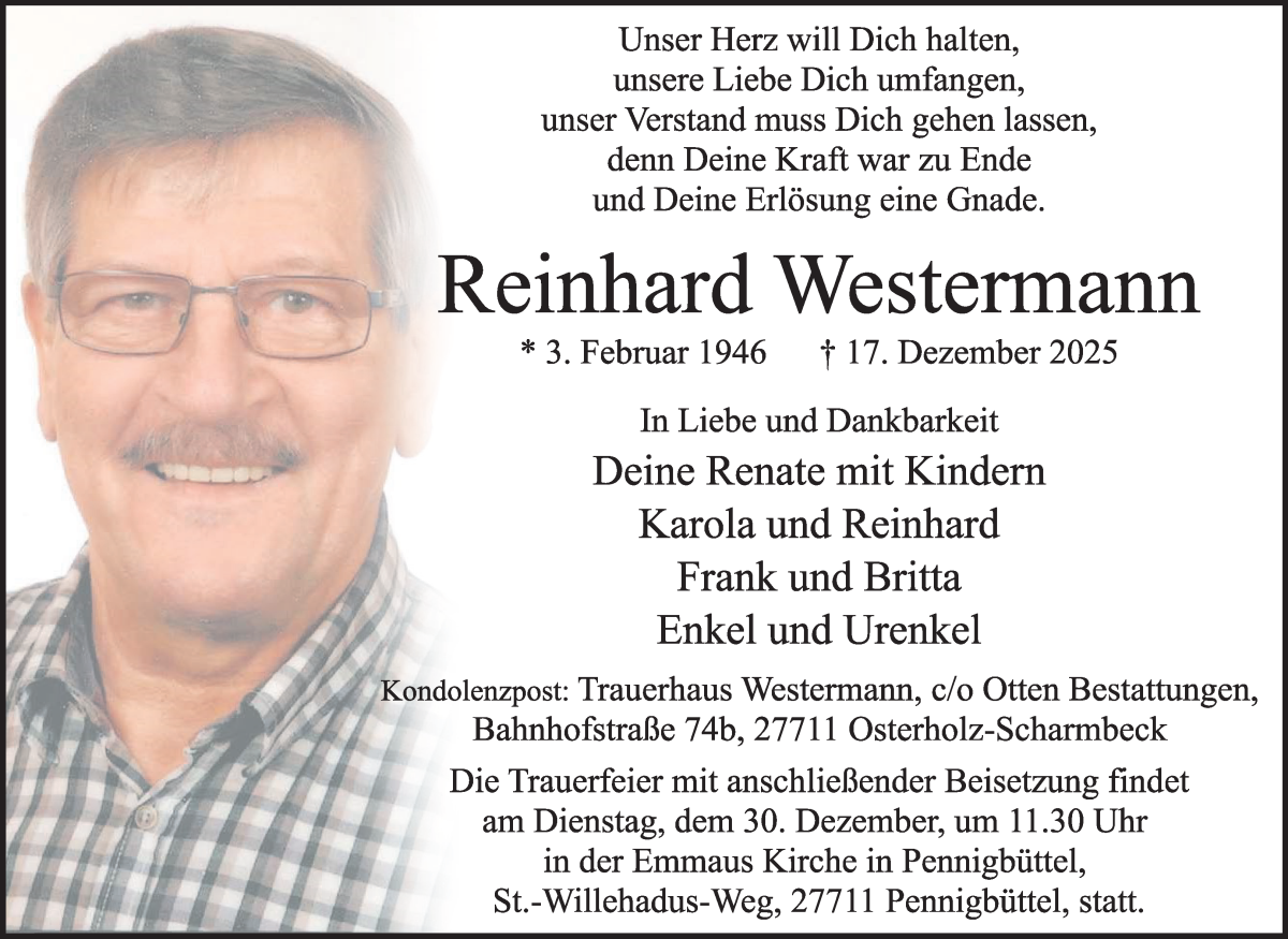 Traueranzeige von Reinhard Westermann von Osterholzer Kreisblatt