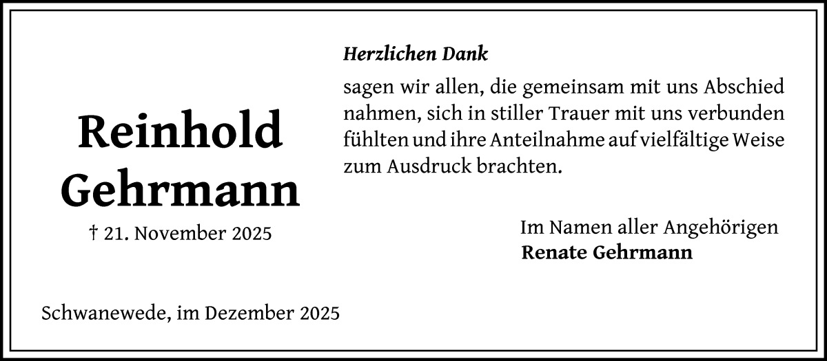 Traueranzeige von Reinhold Gehrmann von Die Norddeutsche