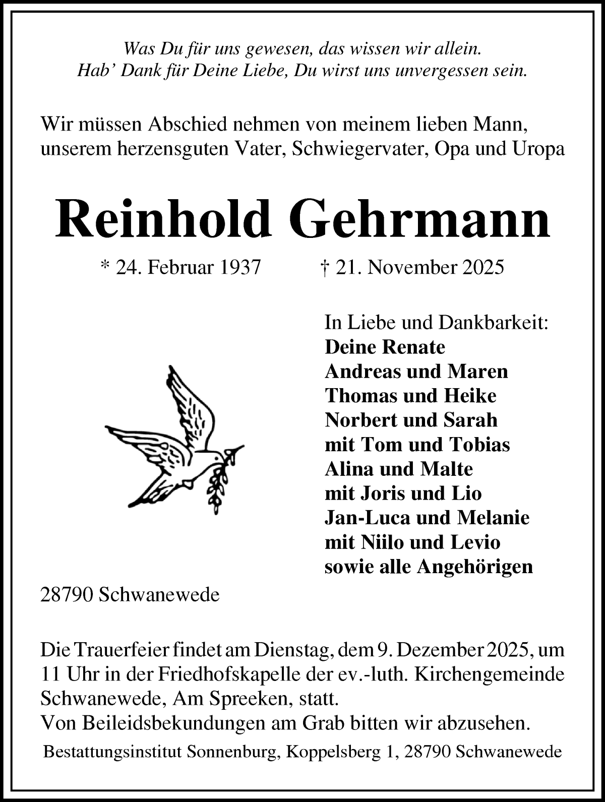 Traueranzeige von Reinhold Gehrmann von Die Norddeutsche