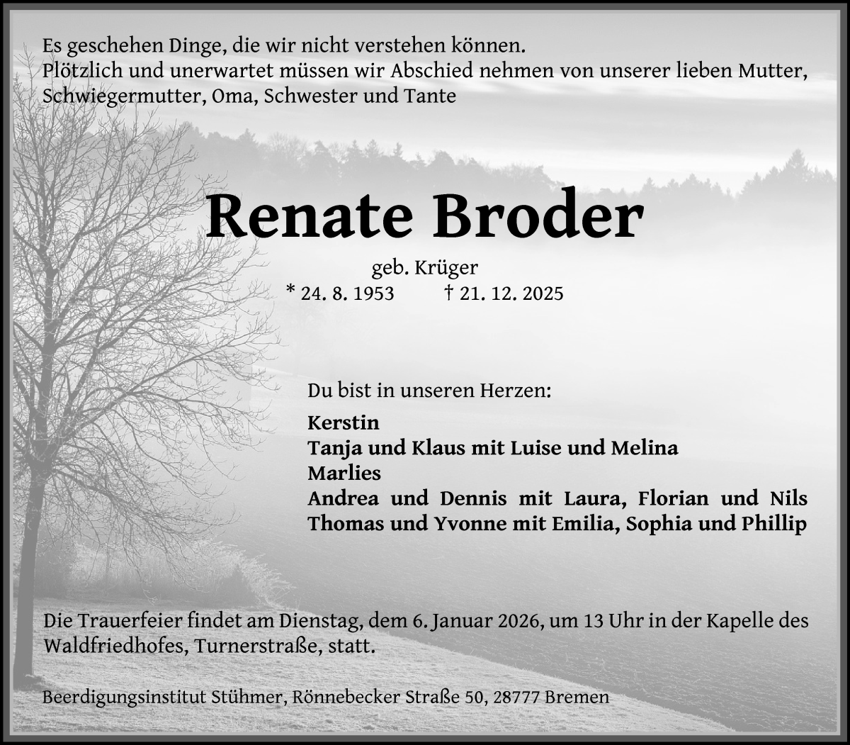 Traueranzeige von Renate Broder von Die Norddeutsche
