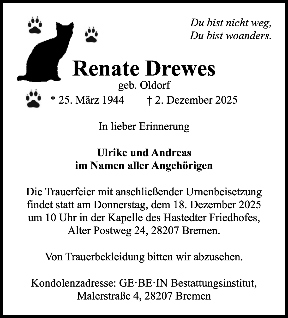 Traueranzeige von Renate Drewes von WESER-KURIER