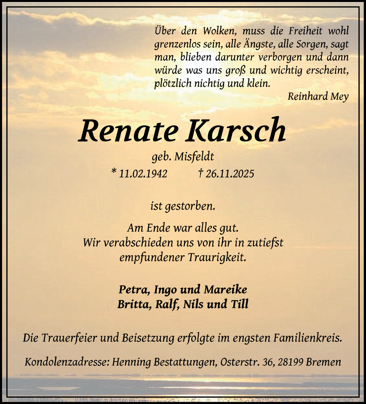 Traueranzeige von Renate Karsch von WESER-KURIER