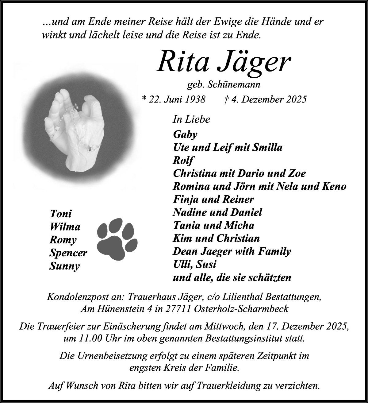 Traueranzeige von Rita Jäger von Osterholzer Kreisblatt