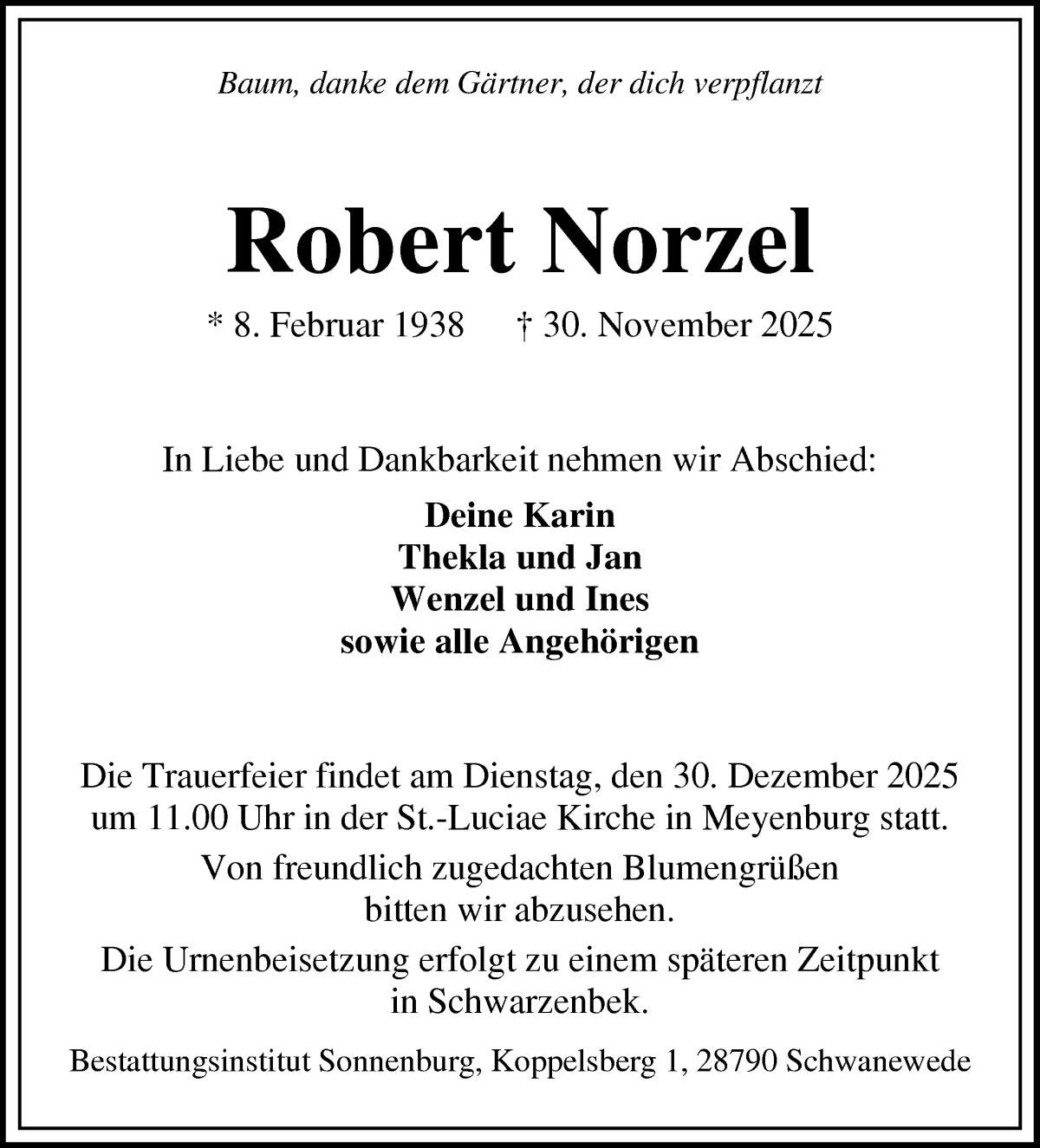 Traueranzeige von Robert Norzel von WESER-KURIER