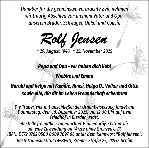 Traueranzeige von Rolf Jensen von WESER-KURIER