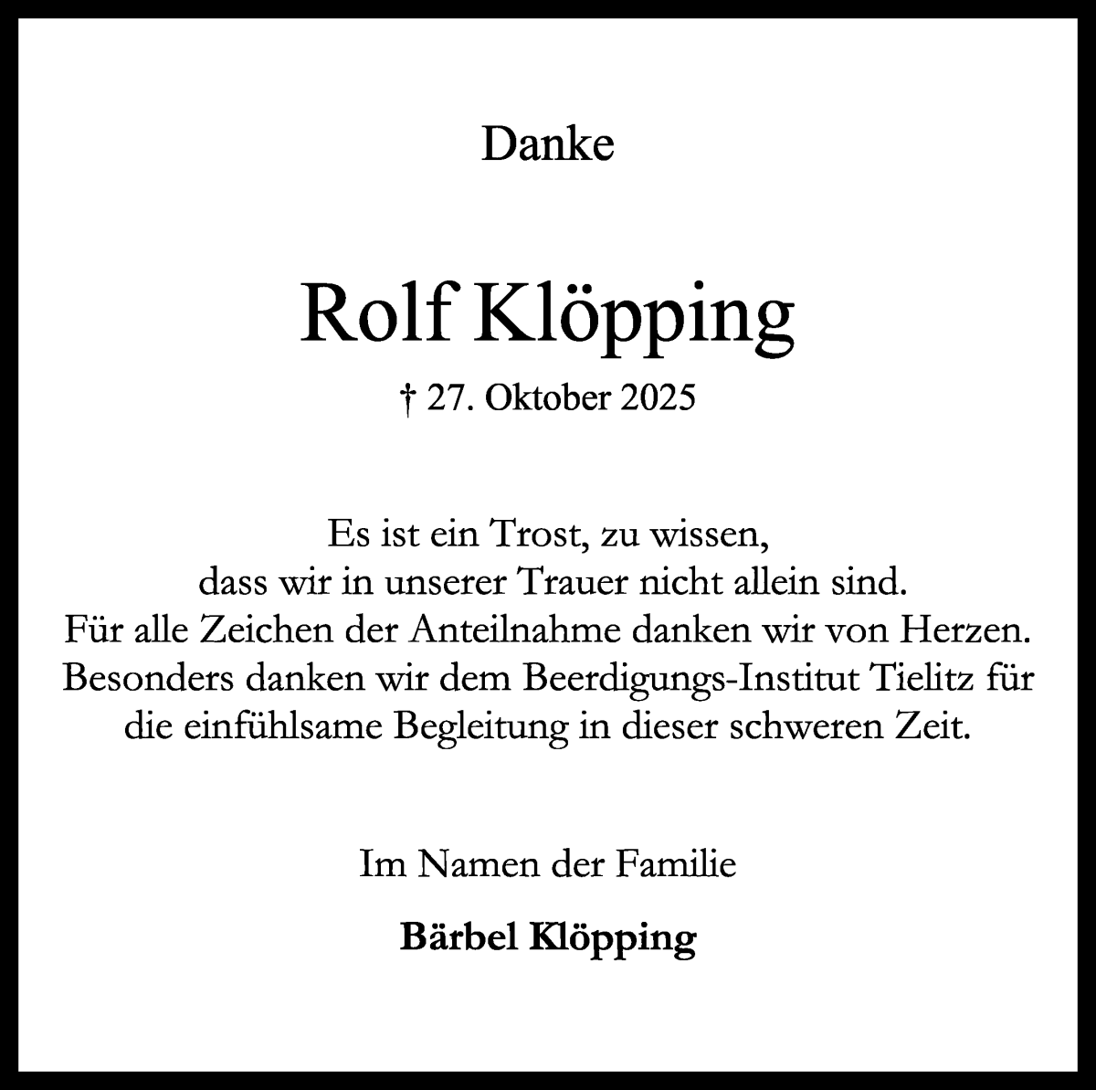 Traueranzeige von Rolf Klöpping von WESER-KURIER