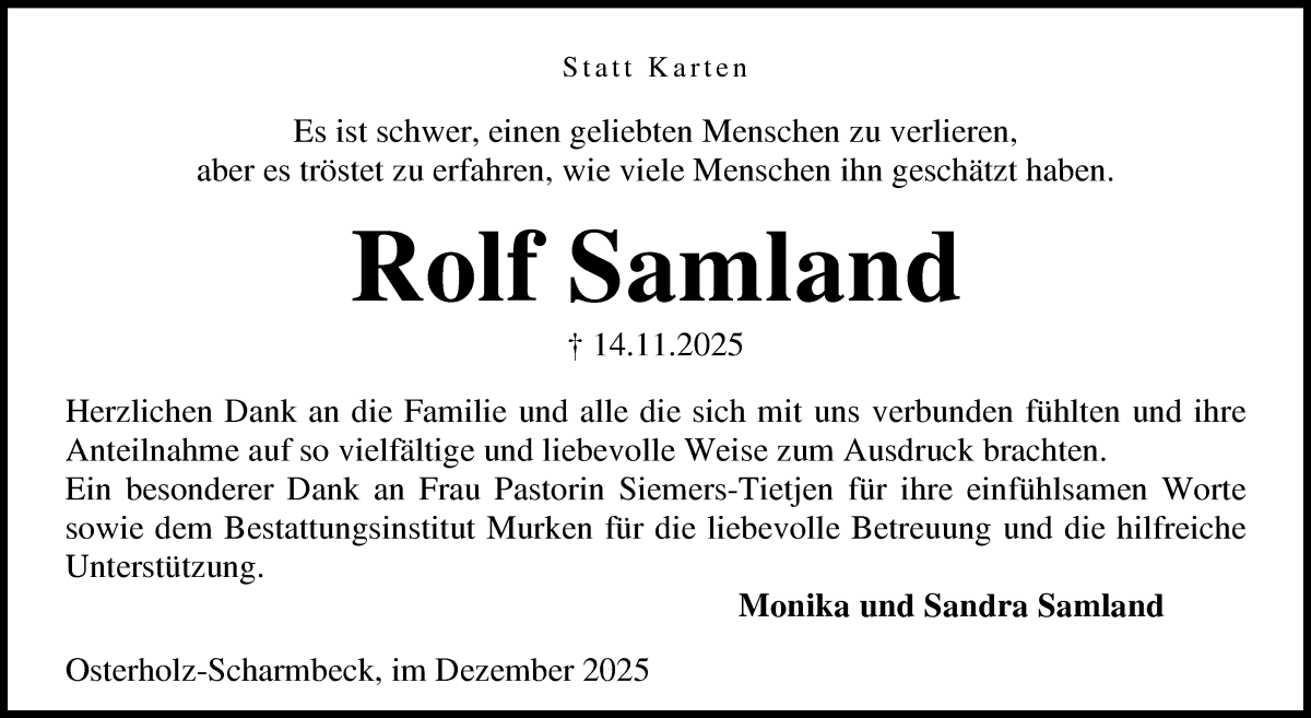 Traueranzeige von Rolf Samland von Osterholzer Kreisblatt