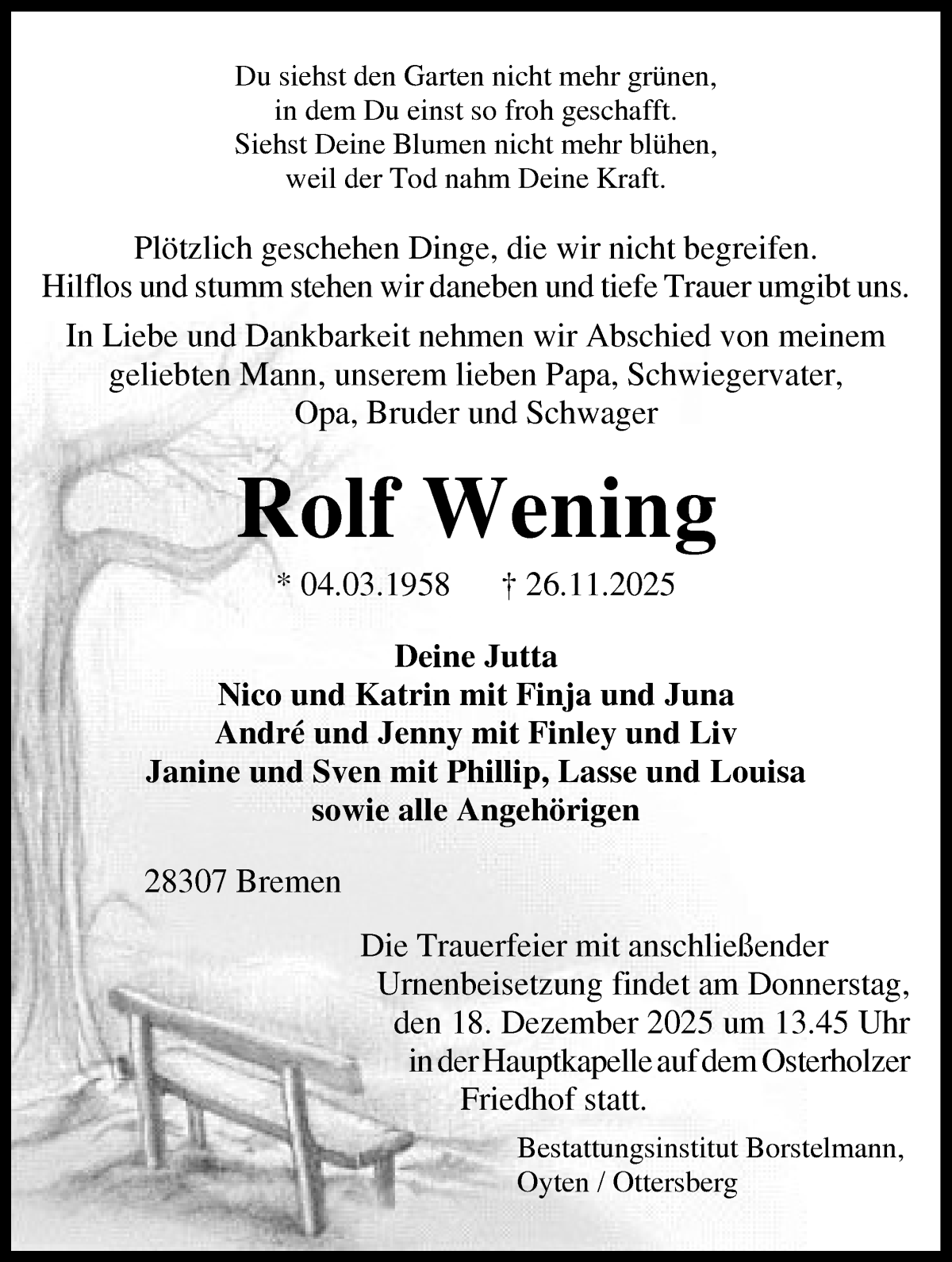 Traueranzeige von Rolf Wening von WESER-KURIER