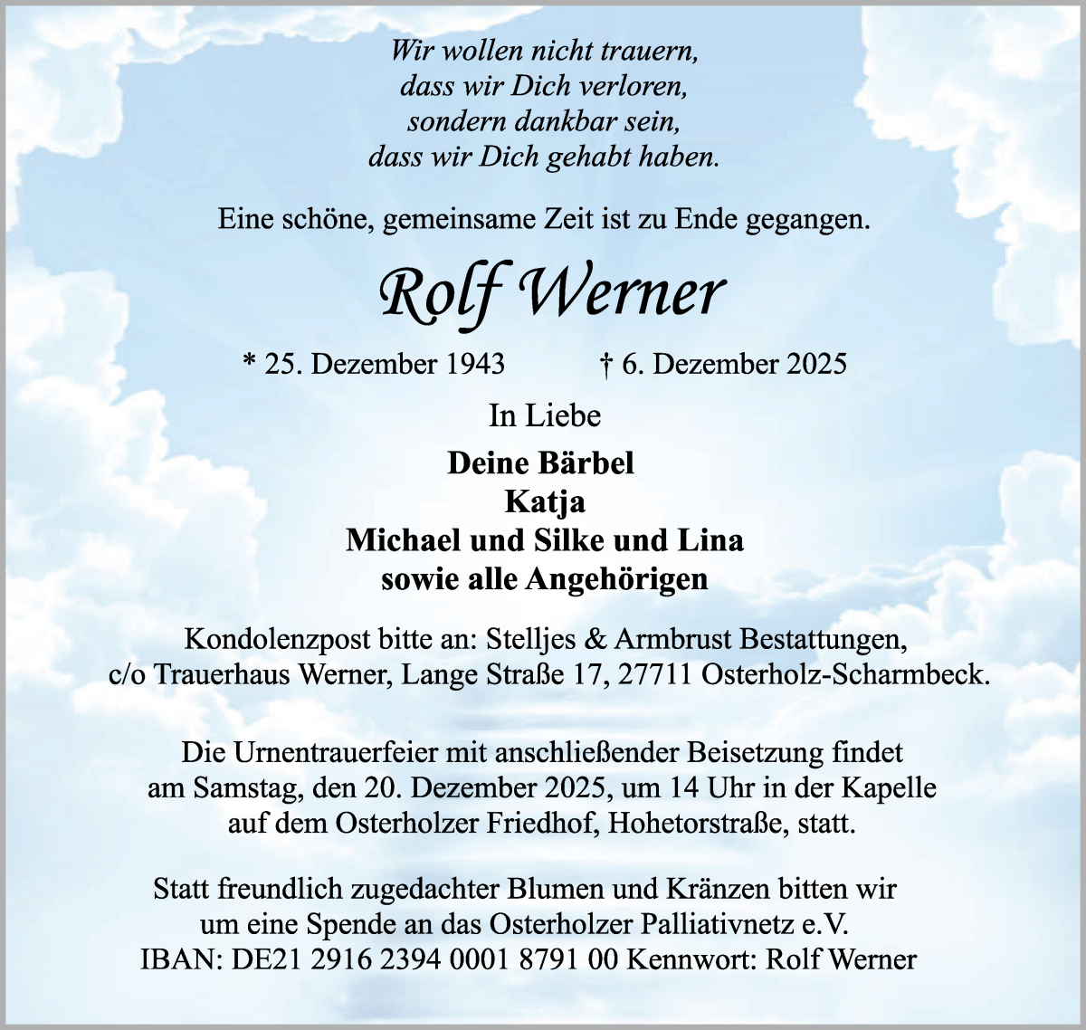 Traueranzeige von Rolf Werner von Osterholzer Kreisblatt