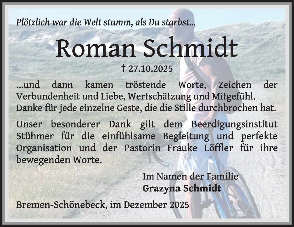 Traueranzeige von Roman Schmidt von WESER-KURIER