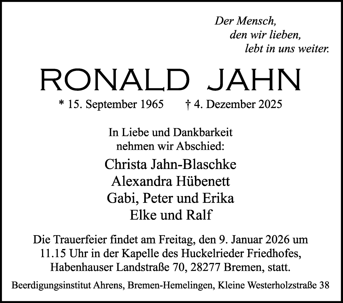  Traueranzeige für Ronald Jahn vom 20.12.2025 aus WESER-KURIER