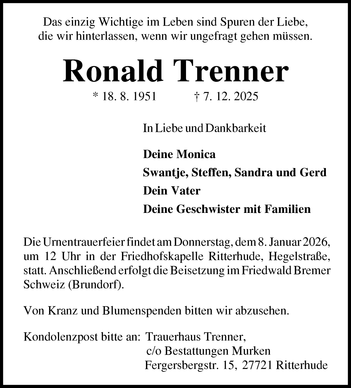 Traueranzeige von Ronald Trenner von Osterholzer Kreisblatt