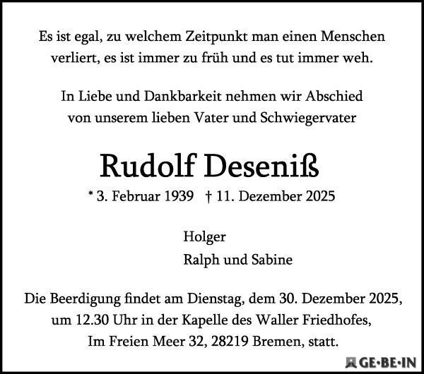 Traueranzeige von Rudolf Deseniß von WESER-KURIER