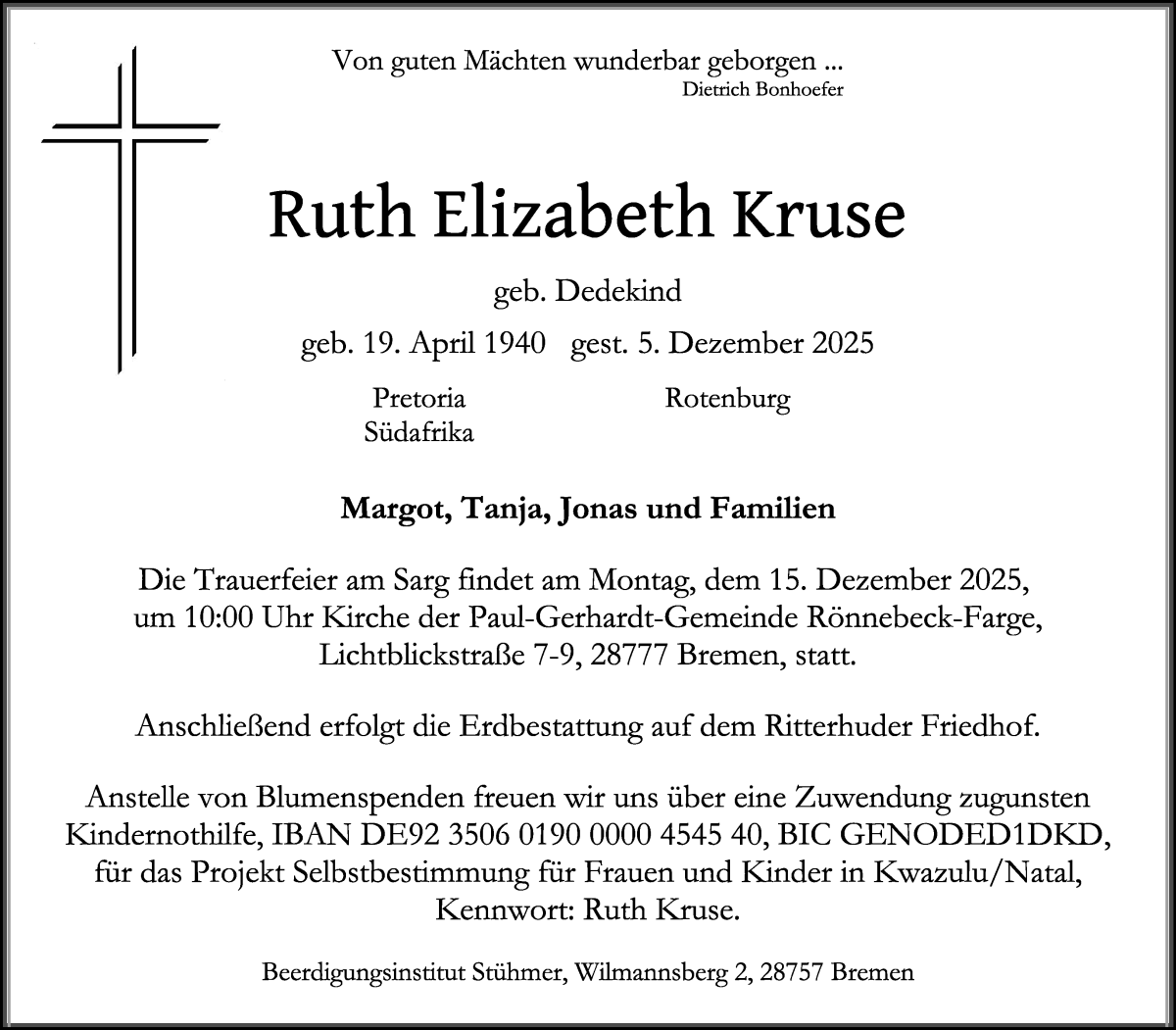 Traueranzeige von Ruth Elizabeth Kruse von WESER-KURIER