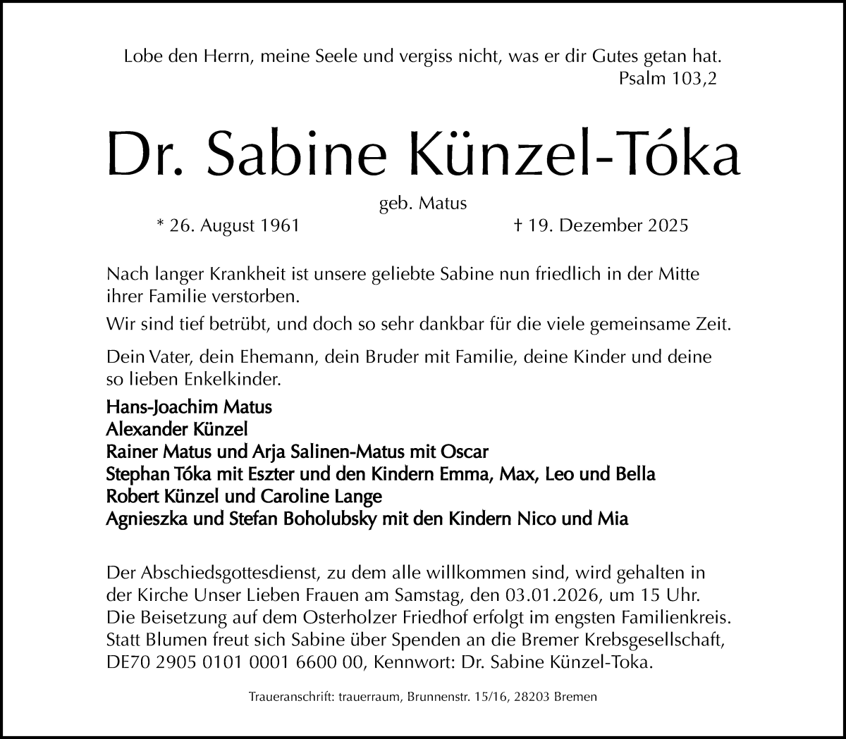 Traueranzeige von Sabine Künzel-Tóka von WESER-KURIER