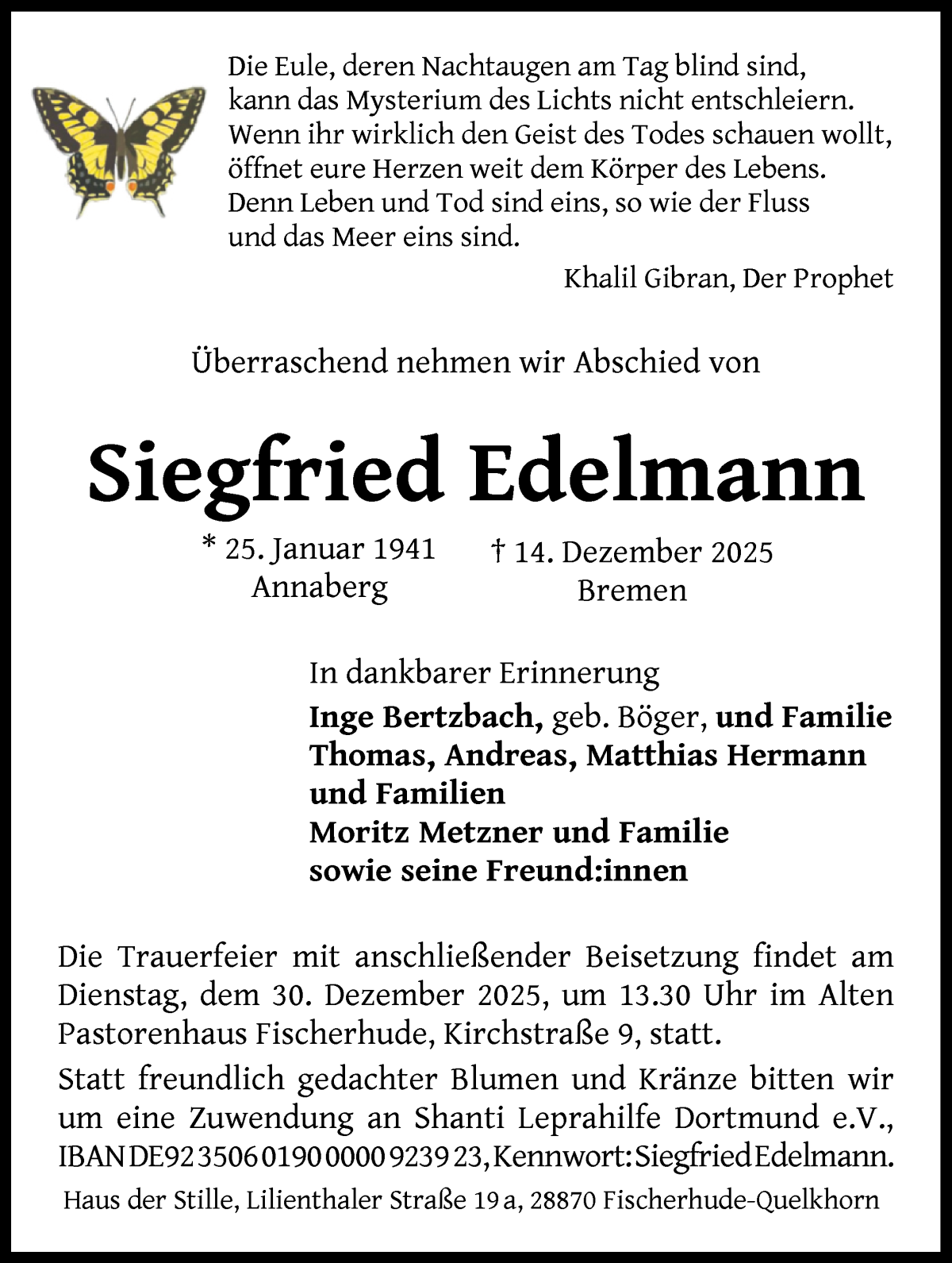 Traueranzeige von Siegfried Edelmann von WESER-KURIER