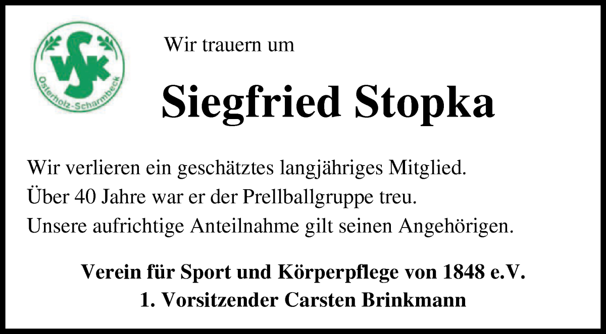 Traueranzeige von Siegfried Stopka von Osterholzer Kreisblatt
